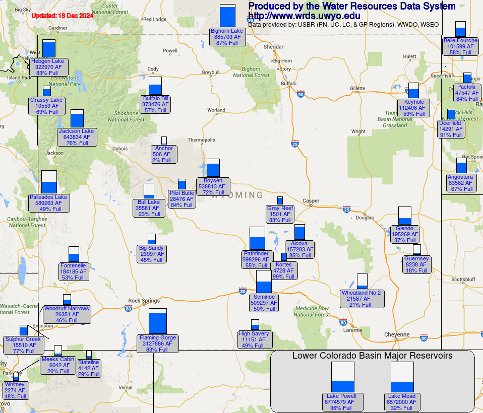 Map of Reservoir Storage in Wyoming one year ago Wyoming State