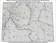 Map of difference in mean temperature from 1961-1990 to 1971-2000